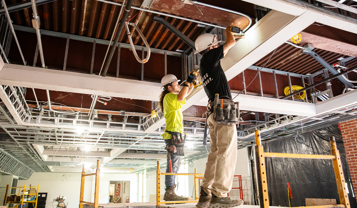 Exposed ductwork and construction inside the Center.