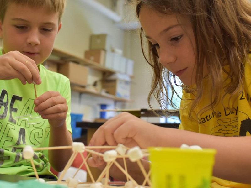 Kids building with toothpicks and marshmallows